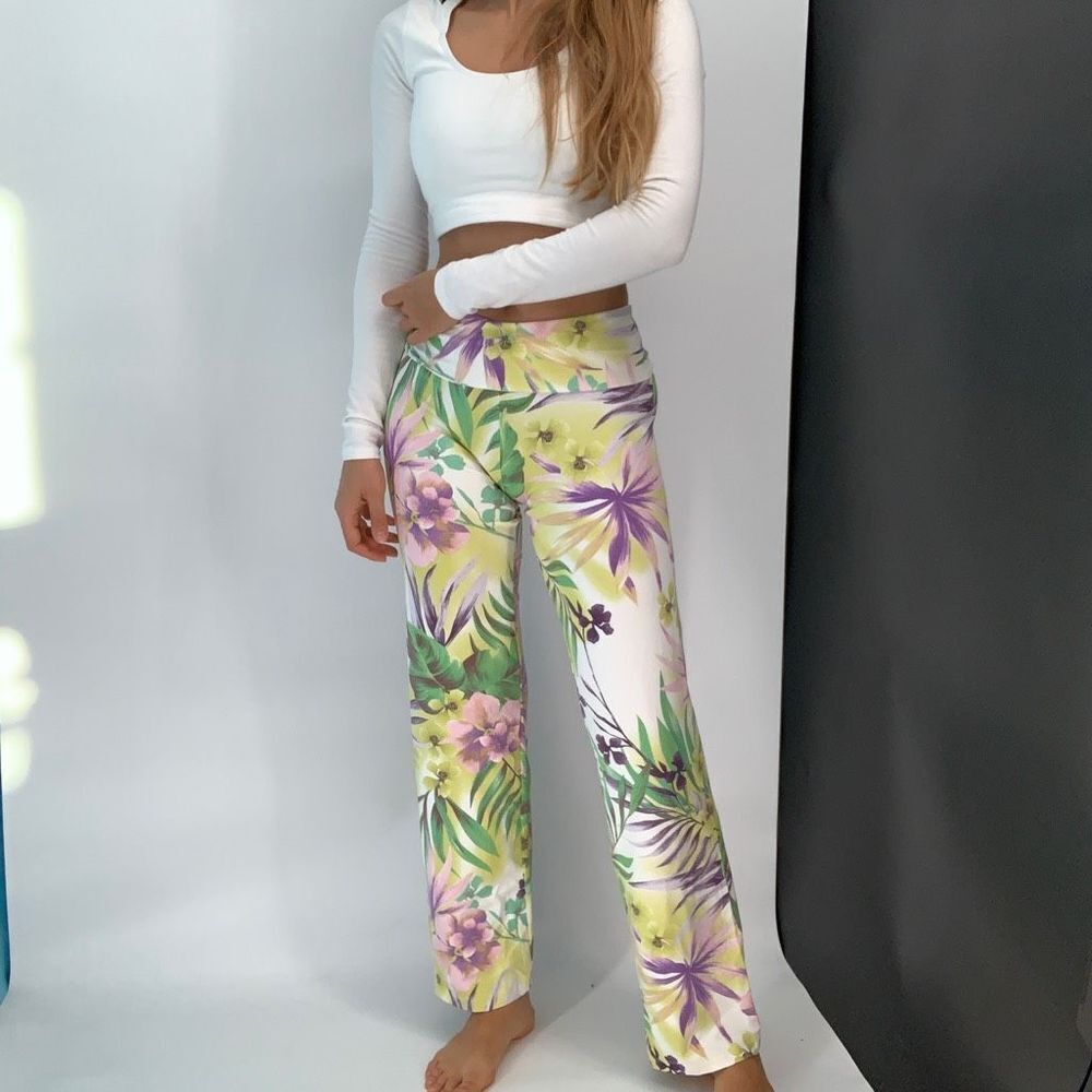 Dal Costa flare wide leg Brazilian leggings pants white green print sz s womens
